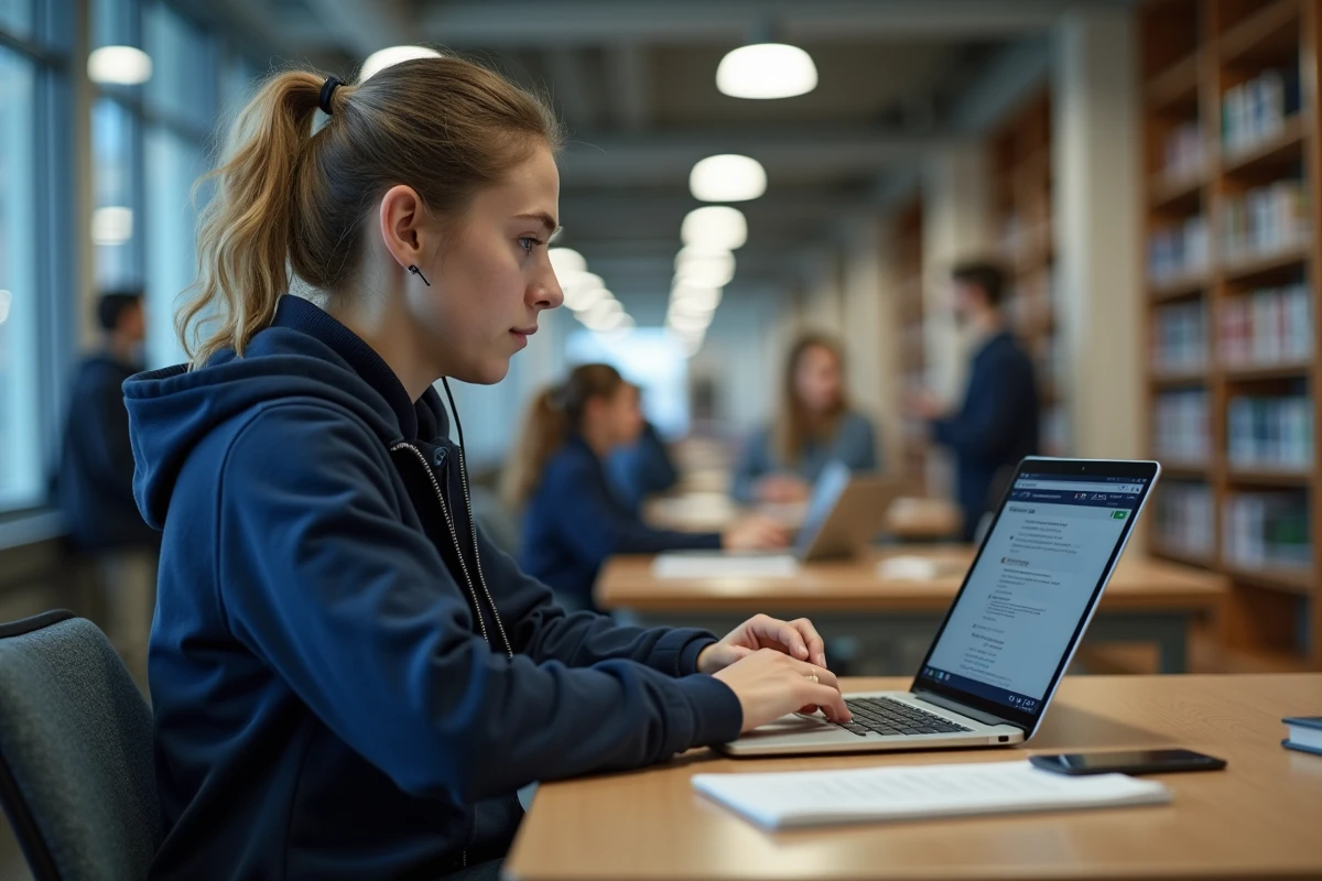 Étudiante en bibliothèque universitaire tentant de se connecter à l'ENT sigma depuis un ordinateur portable