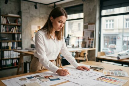 Étudiante en design d'intérieur penchée sur des plans architecturaux dans un atelier professionnel moderne