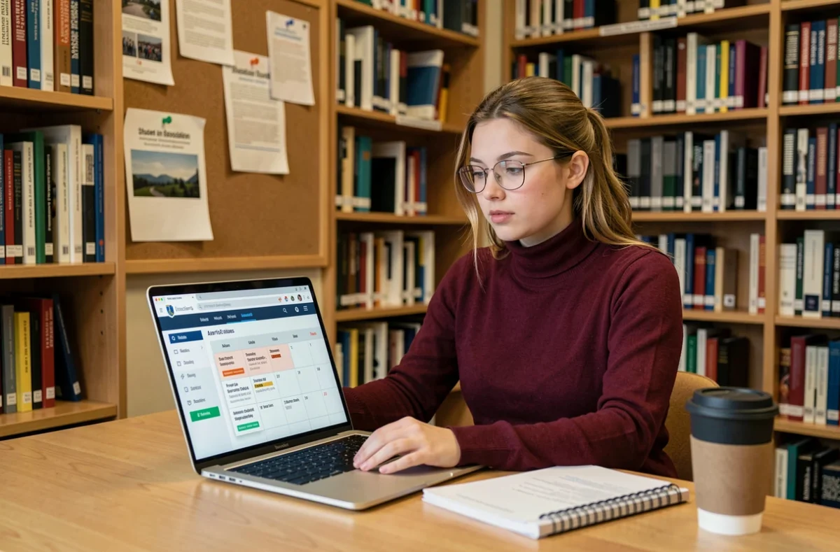 Étudiante consultant le calendrier des événements associatifs sur l'ENT de Sciences Po Bordeaux à la bibliothèque universitaire