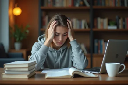 Étudiante frustrée devant son ordinateur portable affichant une page d'erreur, entourée de livres de cours sur son bureau