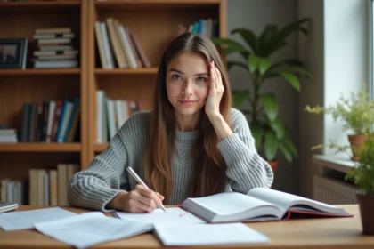 Étudiante qui rédige une dissertation à son bureau entouré de fiches de révision et de corrigés imprimés