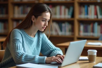 Étudiante sauvegardant ses cours Moodle UHA sur son ordinateur portable dans une bibliothèque universitaire