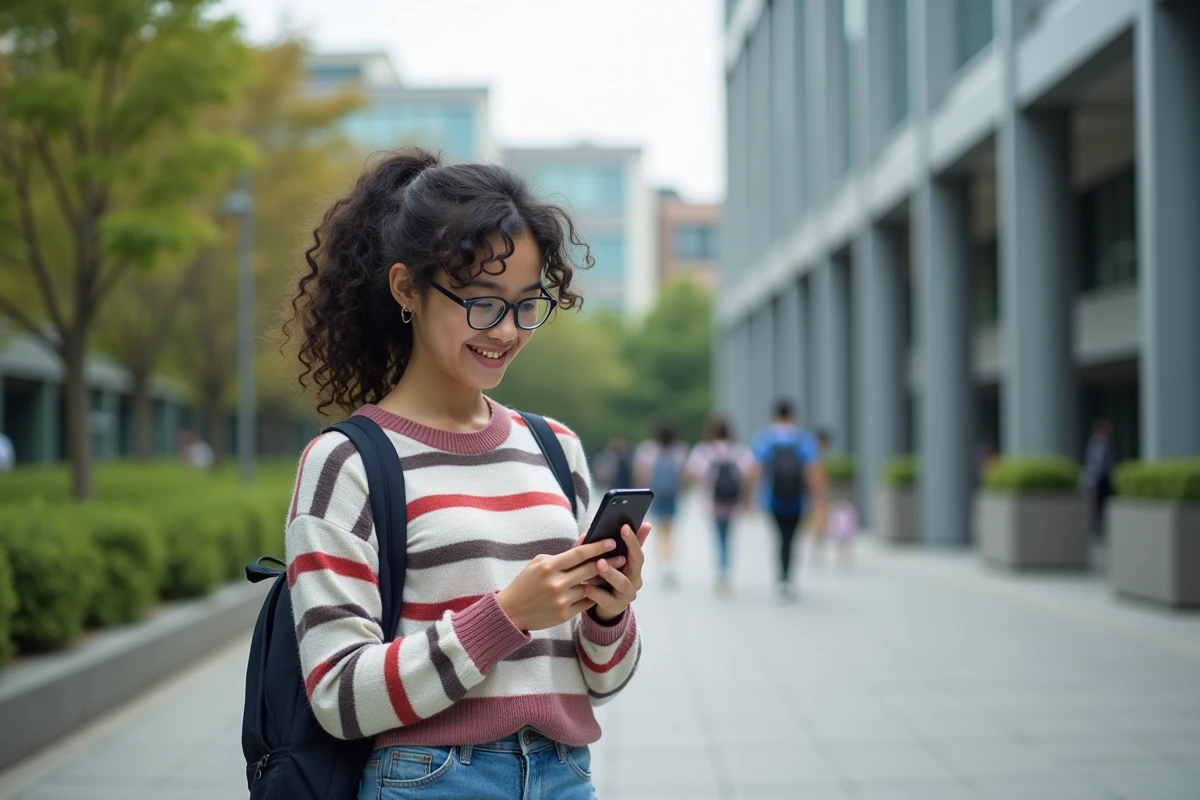 Étudiante souriante utilisant son smartphone en extérieur