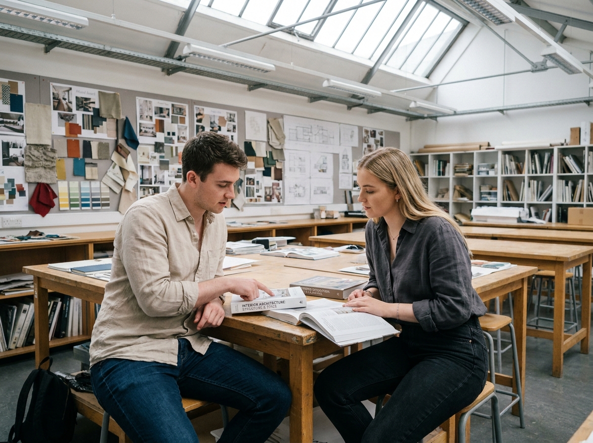 Deux étudiants comparant des manuels d'architecture d'intérieur et de décoration dans une salle de cours avec moodboards