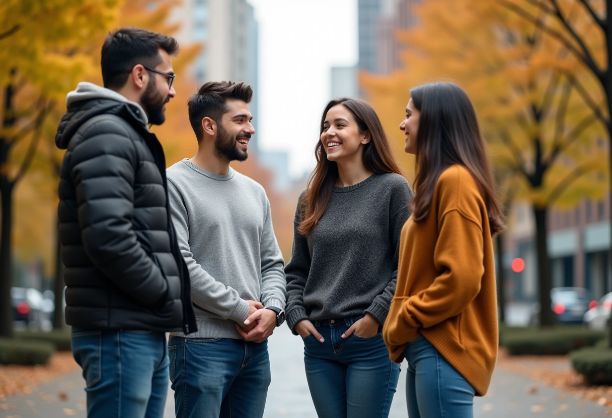 Quatre étudiants discutant dans un parc urbain
