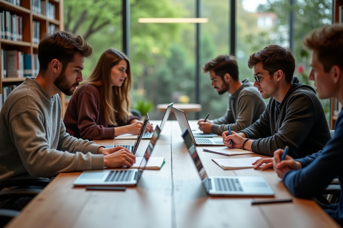 Groupe d'étudiants en université comparant brochures d'écoles d'ingénieur