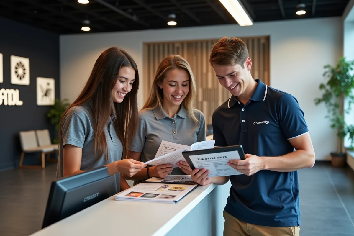 Groupe d'étudiants consultant des informations sur les frais de scolarité du Gaming Campus à l'accueil de l'école