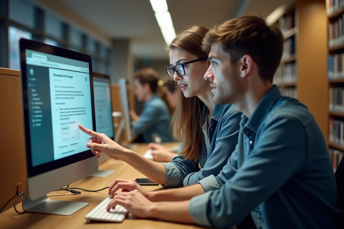 Deux étudiants résolvant un problème d'accès à leur plateforme de cours en ligne dans une bibliothèque universitaire