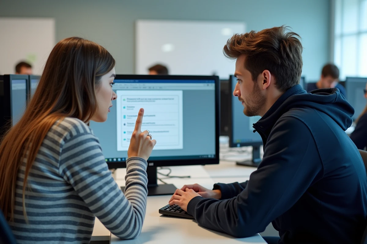 Deux étudiants consultant et archivant leurs cours sur Moodle UHA dans une salle informatique universitaire