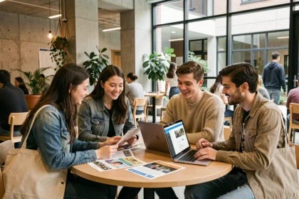 Étudiants de Sciences Po Bordeaux consultant des événements associatifs sur le portail ENT autour d'une table de campus