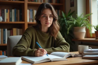 Jeune femme étudiant le conditionnel présent espagnol à son bureau avec des livres de grammaire et des fiches mémo