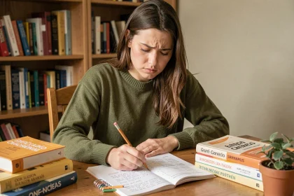 Jeune femme étudiant la conjugaison des verbes espagnols sur des cahiers de grammaire à son bureau