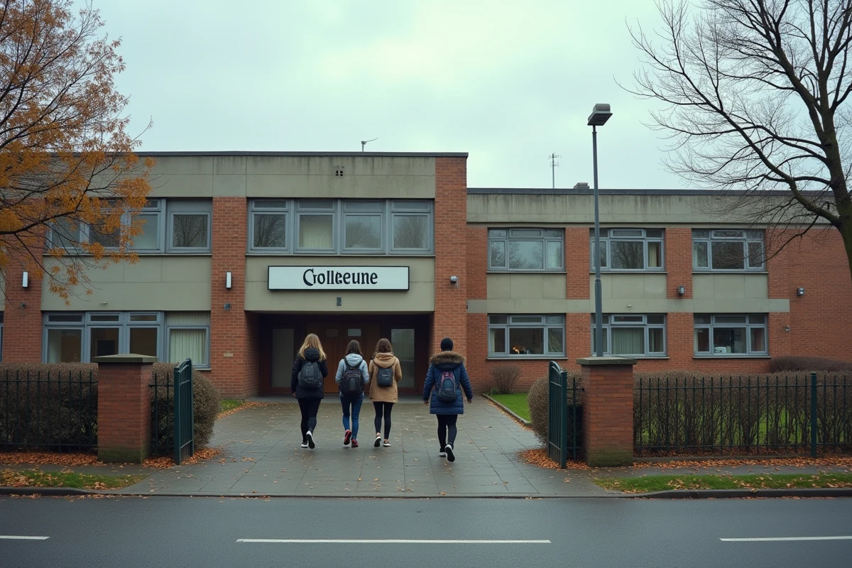 Facade extérieure d'un collège en Normandie avec des élèves à l'entrée en automne