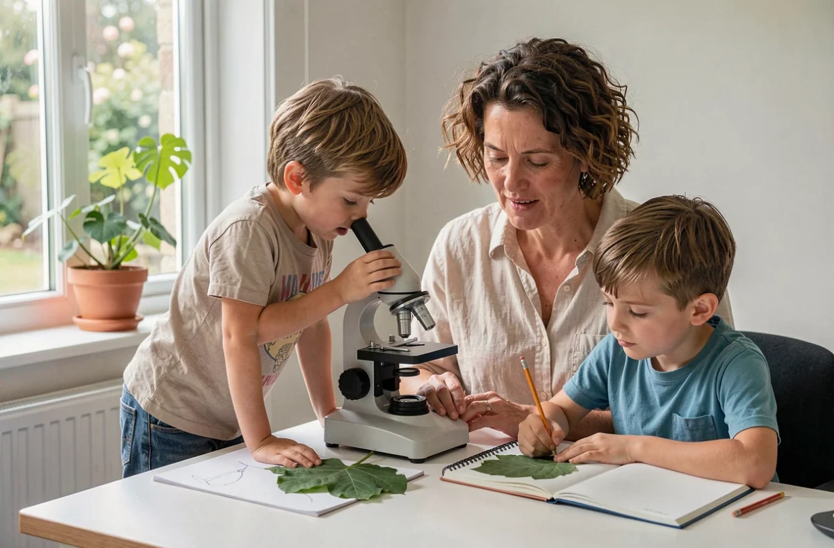 Mère aidant ses enfants à observer une feuille sous un microscope éducatif dans un bureau à domicile