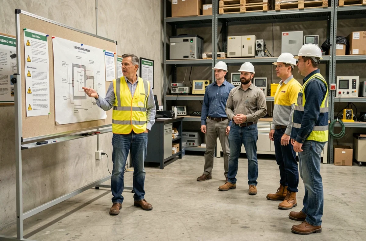 Formateur industriel en gilet haute visibilité animant un atelier de formation technique pour des professionnels à Toulouse pour FEEIM