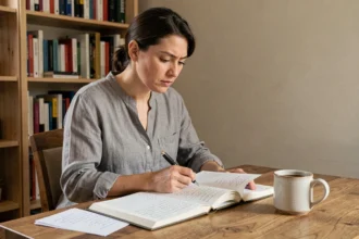 Femme adulte apprenant l'arabe avec un manuel et des notes manuscrites sur un bureau en bois