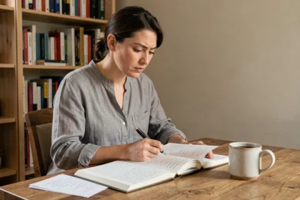 Femme adulte apprenant l'arabe avec un manuel et des notes manuscrites sur un bureau en bois