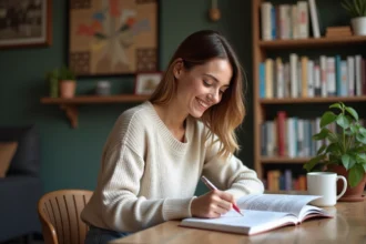 Jeune femme studieuse lisant un livre de grammaire espagnole