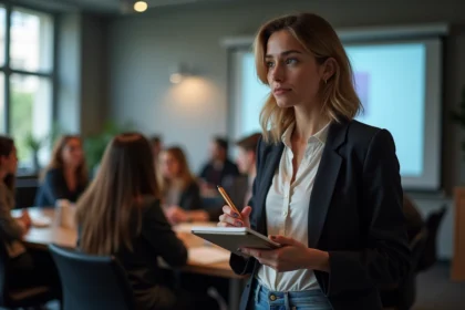 Femme observant un atelier digital dans une salle moderne à Paris