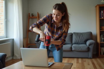 Jeune femme bricolant dans son appartement moderne