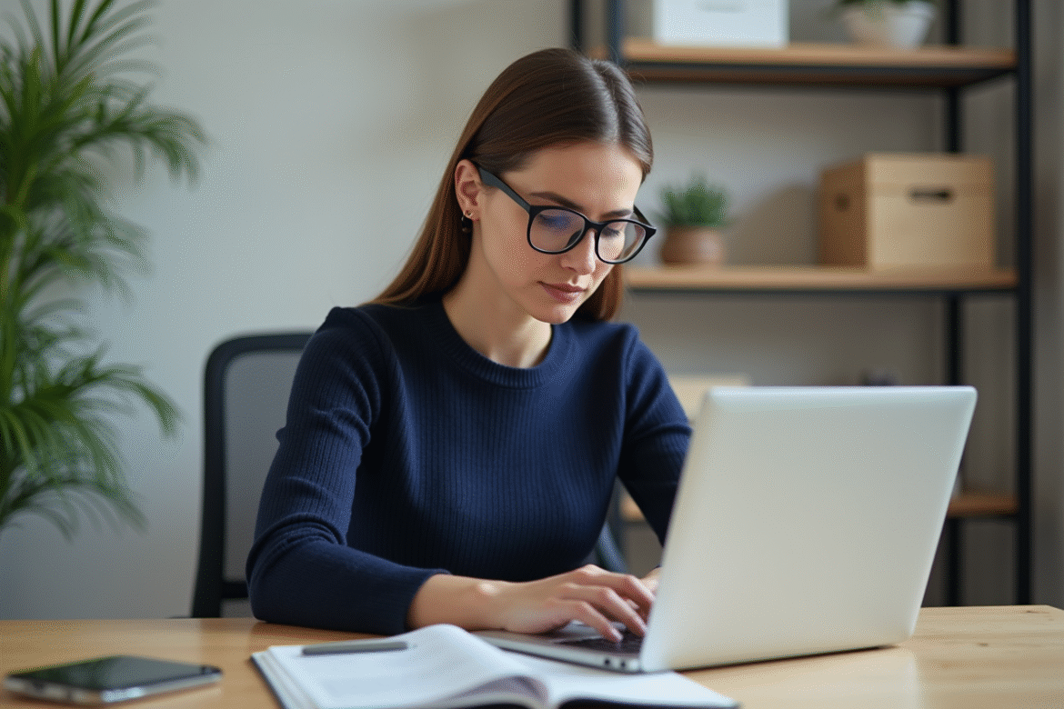 Femme concentrée travaillant sur un ordinateur dans un bureau moderne