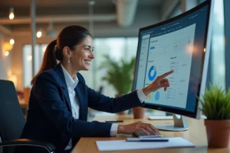 Femme professionnelle découvrant des fonctionnalités cachées sur un extranet depuis son bureau en open space