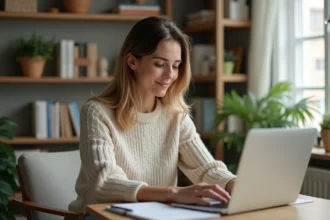 Femme concentrée ajustant ses notifications sur son laptop dans un bureau cosy