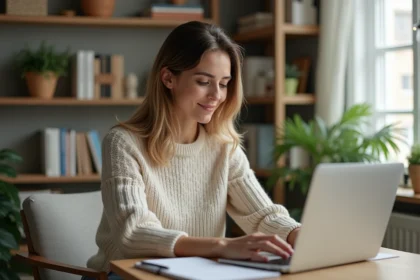 Femme concentrée ajustant ses notifications sur son laptop dans un bureau cosy
