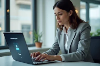Femme en blazer gris assise devant un ordinateur portable affichant une page de réinitialisation de mot de passe oublié dans un bureau moderne à Grenoble