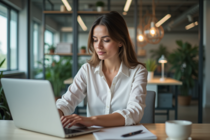 Femme au bureau travaillant sur son ordinateur portable