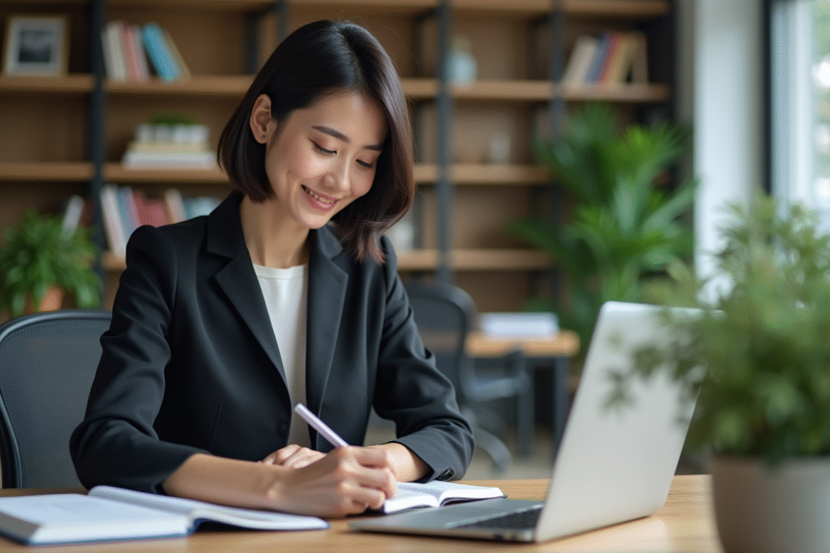 Femme professionnelle en bureau moderne avec ordinateur
