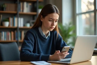Femme concentrée travaillant sur son ordinateur dans un bureau cosy