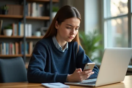 Femme concentrée travaillant sur son ordinateur dans un bureau cosy