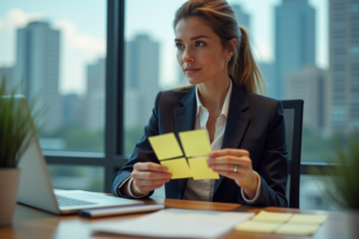 Femme d'affaires concentrée avec notes organisées