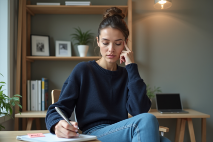 Femme en bureau regardant une note pause