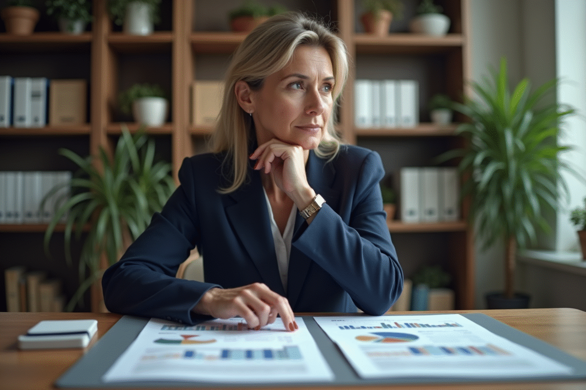 Femme d'âge moyen en blazer navy examine des rapports
