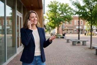 Femme en blazer parlant au téléphone devant un bâtiment moderne