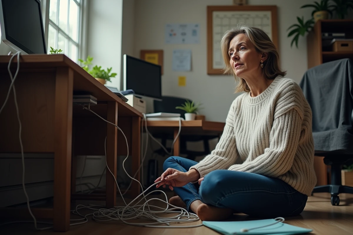 Femme examinant des câbles réseau dans un bureau à domicile