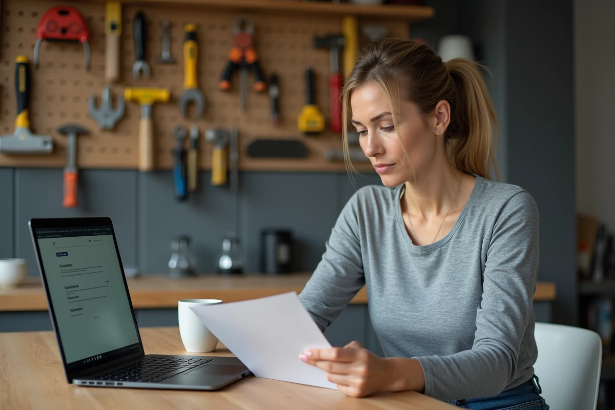 Femme évaluant une certification de bricolage en ligne à son bureau avec outils en arrière-plan