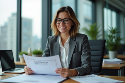 Femme professionnelle vérifiant des documents de certification au bureau