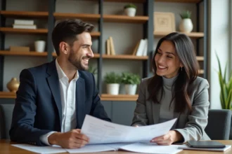 Femme professionnelle en coaching avec un jeune homme dans un bureau moderne