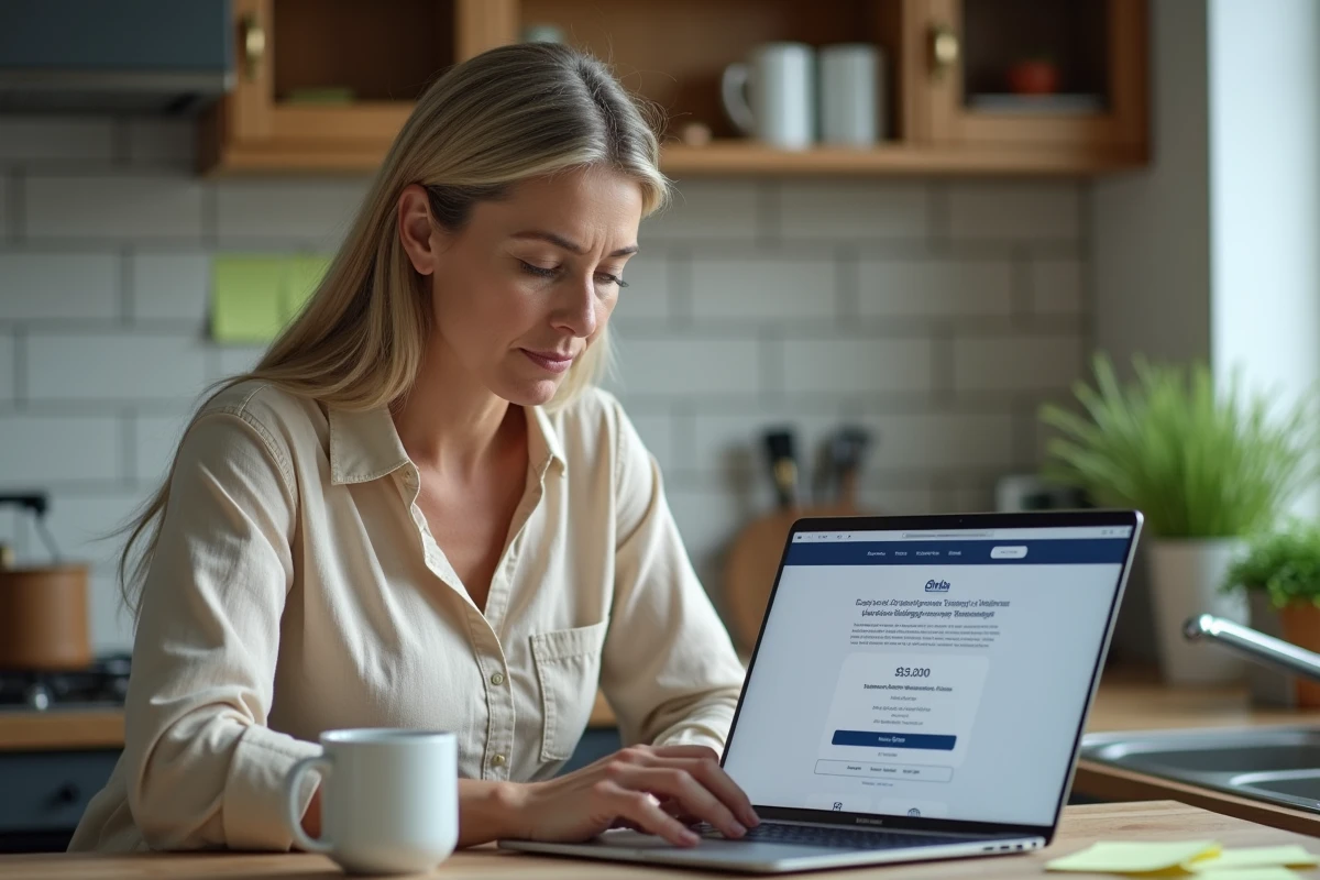 Une femme consulte les tarifs d'une certification de formation bricolage en ligne sur son ordinateur portable dans sa cuisine