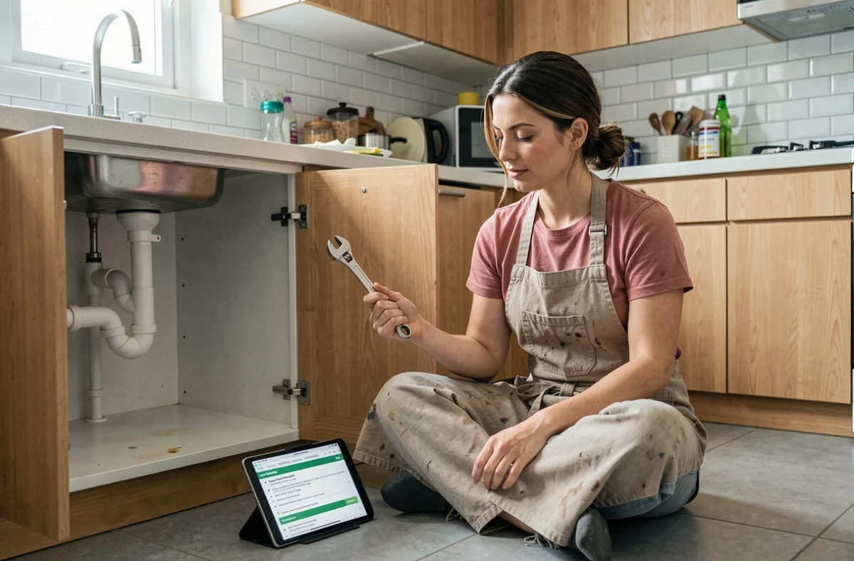 Femme suivant un cours de plomberie en ligne sur une tablette, assise dans une cuisine avec des outils de bricolage