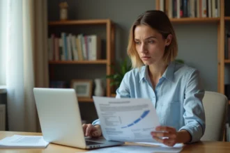 Femme consultant des documents administratifs sur son CPF avant un départ à l'étranger