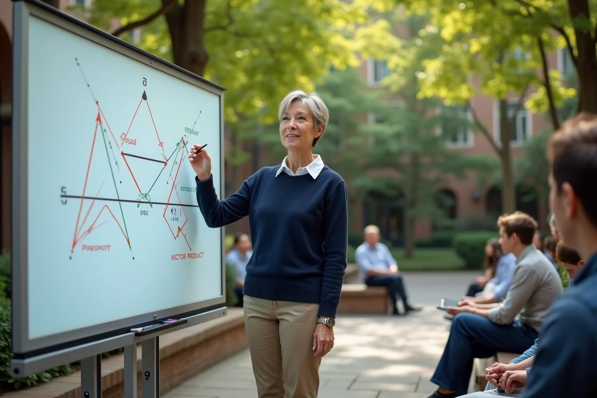 Femme enseignant expliquant diagrammes vectoriels en extérieur