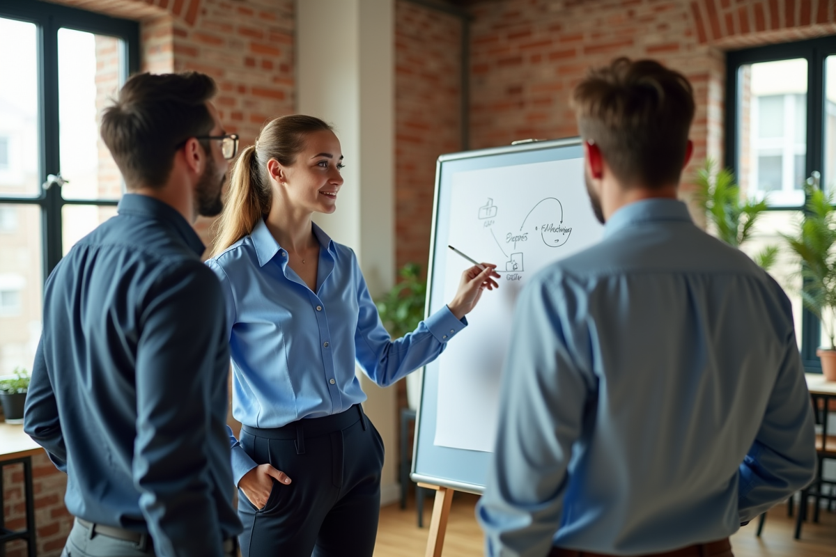 Jeune femme expliquant un diagramme à ses collègues dans un espace de coworking