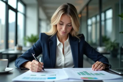 Femme d'affaires étudie des documents financiers dans un bureau moderne