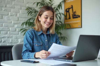 Femme souriante en formation BTP au bureau