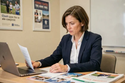 Femme en formation professionnelle Afpa consultant des documents de financement sur un bureau