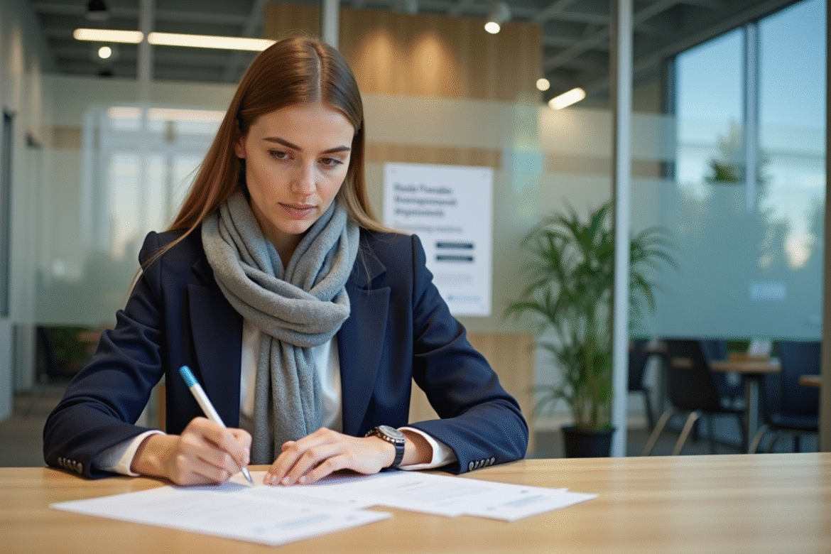 Femme remplissant des formulaires Pôle Emploi dans un bureau moderne